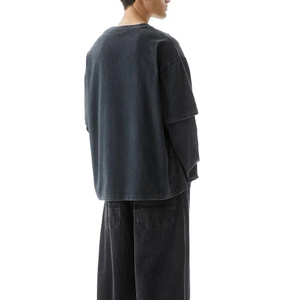 Double Sleeves Acid <b>Wash</b> T Shirt For <b>Boys</b> Custom Logo Streetwear Vintage Hip Hop Style Men Washed T Shirts In Low MOQ - Product Image 2