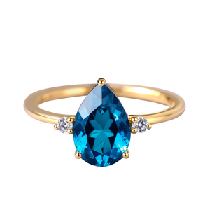 แหวนทองคำแท้ 14K ทำมือ ประดับพลอยบลูโทแพซทรงลูกแพร์และเพชรแท้ - Product Image 1