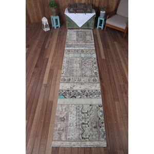 Tapis turc patchwork 2,6x11 pieds, marron arc-en-ciel géométrique avec éléments floraux, tapis vintage - Product Image 1