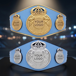Cinturón de Campeonato de Boxeo Personalizado, Cuero PU Azul, Logotipo Metálico Plateado y Dorado, Karate, Judo, Transpirable, Trofeo de Artes Marciales - Product Image 2