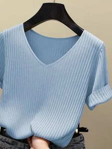 Camisetas de punto de manga corta con cuello en V para mujer, camisetas azules ajustadas negras de punto fino naranja, camisetas de verano para mujer, camisetas de verano - Product Image 4