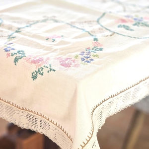 Embroidered Hemstitched Cotton Tablecloth With Dots Embroidery - Product Image 4