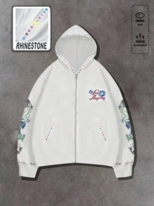 Sweat à capuche boxy personnalisé blanc avec fermeture éclair, 100% coton, automne, strass colorés, manches imprimées dégradées, esthétique Y2K, manches longues - Product Image 2