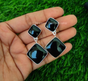 Bijoux fins audacieux Onyx noir pierres naturelles Huggie boucles d'oreilles mode goutte conception argent Sterling placage prix usine - Product Image 4