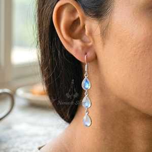 Boucles d'oreilles pendantes en pierre de lune arc-en-ciel, bijoux en argent sterling 925 en forme de goutte, accessoire nuptial pierre de naissance de juin - Product Image 2