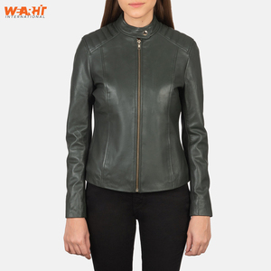 Chaqueta verde ajustada de cuero genuino para mujer de estilo motorista moderno, ropa de abrigo transpirable con cuello levantado y cierre de cremallera - Product Image 4