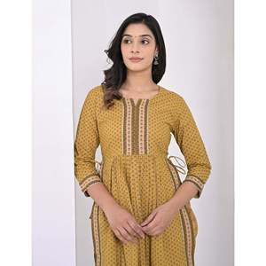 Ensemble pantalon et salwar kameez en coton imprimé au bloc, couleur moutarde - Product Image 4