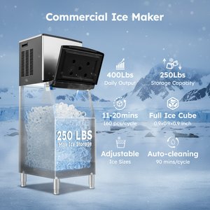 Machine à glaçons commerciale 400 lb/24h en acier inoxydable avec stockage de 250 lb, nettoyage automatique, glaçons rapides en 11-20 min - Product Image 4
