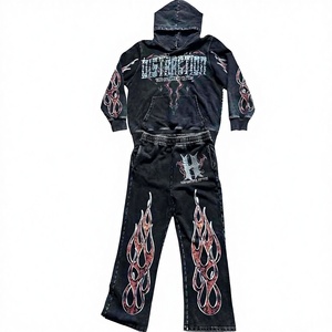 Custom Men’s Oversized Cotton Tracksuit Winter Acid Wash Rhinestone Zip Hoodie & Jogger Set Streetwear OEM Wholesale - Product Image 2