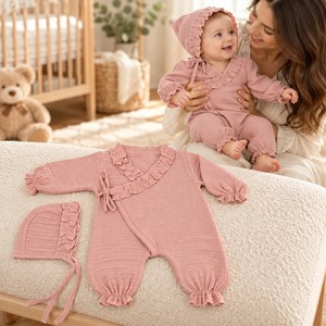 ชุดรอมเปอร์เด็กทารก 2 ชิ้นแบบผูกโบว์ด้านหน้า ยี่ห้อ Fida Muslin Ruffle Wrap-Front - Product Image 2