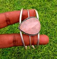 Bracelet de manchette réglable en argent sterling 925 pierre précieuse de quartz rose pour la guérison et le bracelet fin anti-anxiété