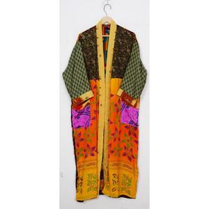 Artisanal Indian Silk Robe <b>Women</b> Patchwork V-Neck <b>Kimono</b> Style Elegant Recycled Fabric Breathable Quick Dry Drawstring Closure - Product Image 1