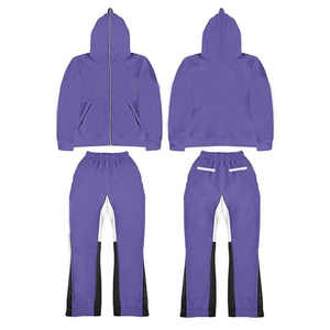 Survêtements de haute qualité en gros 100% coton 400gsm logo personnalisé hommes plaine surdimensionné blanc pleine fermeture éclair à capuche et pantalon évasé - Product Image 4