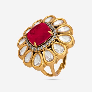 Free Size Fashionable Kundan Brass Finger Ring 187766-Gold Plated Princess Cut Cluster Inlay for Parties - Product Image 1