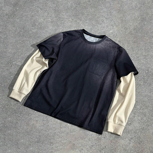 Alta calidad 100% algodón francés Terry liso en blanco Patchwork desgastado Vintage desteñido lavado manga completa camiseta para hombres - Product Image 1