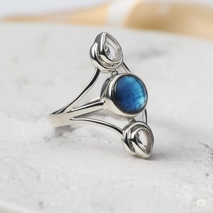 Solid 925 Sterling Silver Plated Natural <b>Labradorite</b> Pear Round Bezel Setting 7mm <b>Ring</b> Handmade Fashion Jewelry For Women - Product Image 6