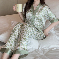 Pyjama d'été 2025 pour femme en satin de soie tissé, style coréen, cardigan, manches courtes, pantalon, 2 pièces, luxe élégant, effet rafraîchissant sur le devant