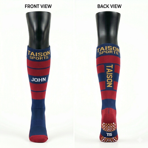 High Quality Women's Rugby <b>Socks</b> GSM Cotton Polyester Spandex Fabric Red Navy Panel Stripes Cushioned Grip Sole Custom Knit Logo - Product Image 1