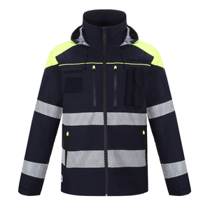 Chaqueta de seguridad de alta visibilidad negra con rayas reflectantes y detalles en amarillo neón ropa de trabajo impermeable con capucha para exteriores - Product Image 6