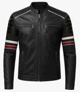 Chaqueta de Motociclista Estilo Slim Fit para Hombre en Cuero Vacuno Negro con Mangas a Rayas, Ropa Exterior Informal, Chaqueta de Cuero Genuino - Product Image 2