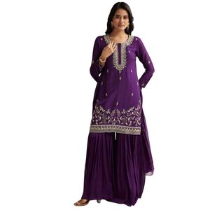 Traje de Sharara bordado de Dana de corte púrpura con Dupatta para ropa de fiesta elegante y traje de boda indio tradicional - Product Image 3