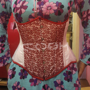 White Satin Underbust <b>Corset</b> with Red <b>Lace</b> Overlay OEM/ODM <b>Corset</b> Manufacturer - Product Image 5