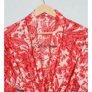 Bata de baño tipo kimono de lujo, 100% algodón, con estampado floral rojo a mano, estilo indio, para dormir, traje de baño, bata de estar por casa, verano/primavera - Product Image 4
