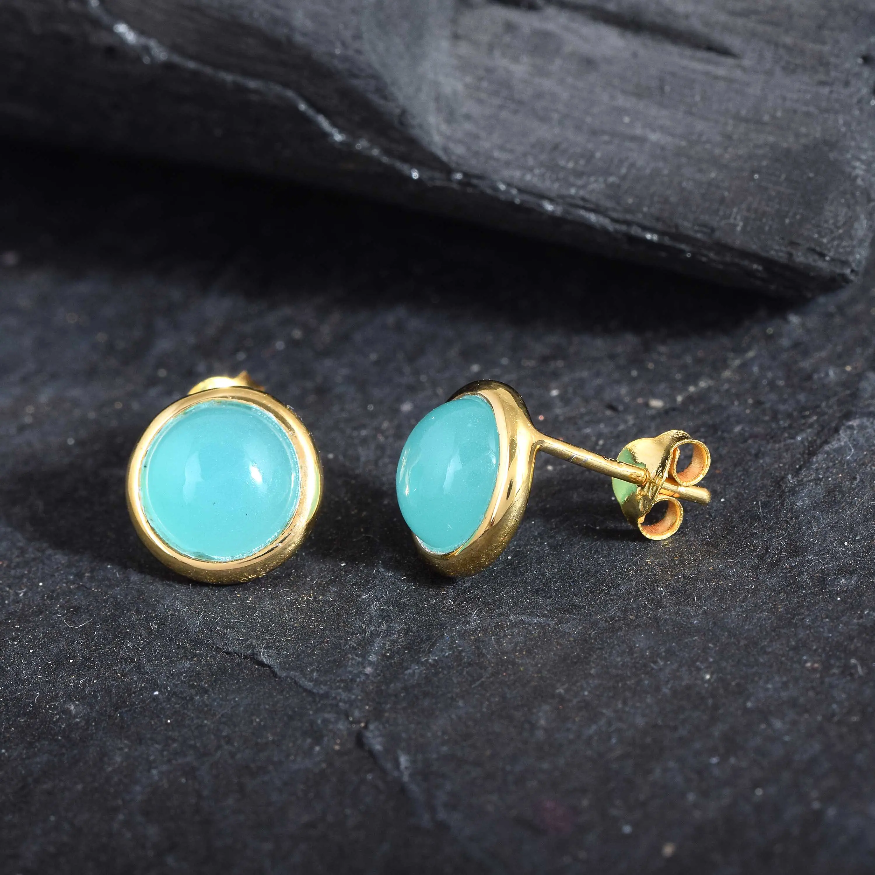 Aqua Chalcedony Earrings 6mm Pendant Length Round Smooth 18k Gold Plated Stud Earrings Gift For Her