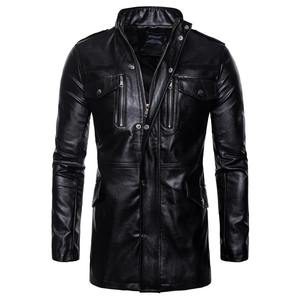 2024 Otoño/Invierno nuevo diseño chaqueta de cuero de motocicleta de longitud media para hombre con cuello de pie bolsillo piel de oveja y tela de lona - Product Image 4