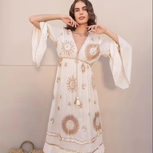 New Design And Best Floral Embroidered Dress for Women Puff Sleeves Style Expansive Ruffles Solid Machine Embroidery Ukraine - Product Image 1