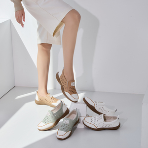 [JSHOE] Zapatos cómodos sin cordones para mujer, zapatillas para caminar de cuero de acción con tacón de 4cm con detalle de perforación para uso diario informal - Product Image 5