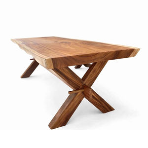 Table à manger en bois massif de monkey pod ou de suar, bord brut, design durable et élégant avec une couleur de grain de bois unique, avec pieds en X en bois - Product Image 3