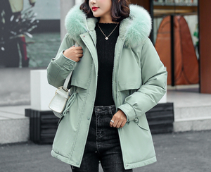 Parka d'hiver longue pour femme, capuche en fausse fourrure, couleur unie, coupe-vent, imperméable, fermeture éclair, décoration boutonnée, grande taille, coton - Product Image 5