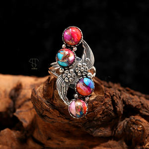 Luxe personnalisé forme ovale naturel rose huître turquoise pierre précieuse artisanat anneau 925 solide Sterling broche réglage anneaux - Product Image 4