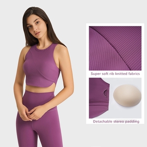 Sujetador deportivo acanalado para mujer al por mayor, Top corto de entrenamiento, camiseta sin mangas transpirable para Yoga, 100% de algodón, ropa deportiva de colores personalizada - Product Image 2