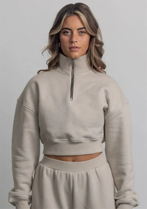 เสื้อสเวตเตอร์แบบสวมศีรษะมีซิปครึ่งตัวสำหรับผู้หญิงชุดวอร์มเสื้อครอปแบบมีฮู้ดและกางเกงโลโก้ตามสั่ง - Product Image 3