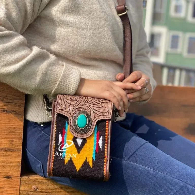 Nieuwe Western Bewerkte Jacquard Lederen Telefoon Crossbody Sling Portemonnees Multi Aztec Stof Turquoise Steen Unieke Gewatteerde Kleine Portemonnees