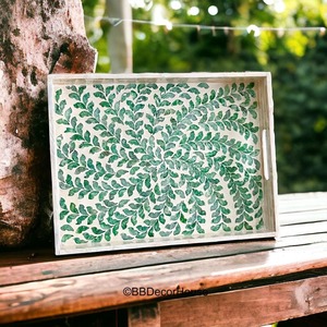 Bandeja de Servir Ecológica de Nácar, Rectangular, Diseño Botánico Verde, Decoración de Mesa Hecha a Mano para Cafetería, Resort, Ecológica - Product Image 3