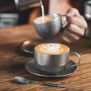 Tasse à café en acier inoxydable avec soucoupe et cuillère, tasse à thé en métal, qualité alimentaire, réutilisable, vaisselle minimaliste pour hôtel, maison, restaurant, café - Product Image 1