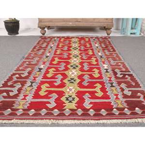 พรมวินเทจขนาด 3.1x5.4 ฟุต, พรมคิลิมตุรกี, พรมขนสัตว์สีแดงล้วน - Product Image 5