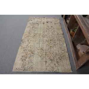 Alfombra turca Vintage 3,6X6,3 pies Beige área grande lana rectángulo Patchwork patrón abstracto látex respaldado para uso en el pasillo - Product Image 1