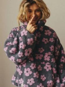 New Autumn Winter Women's Sherpa Floral Pullover Hoodies Half <b>Zip</b> Style Loose Fit Warm Stylish <b>Sweatshirt</b> - Product Image 4