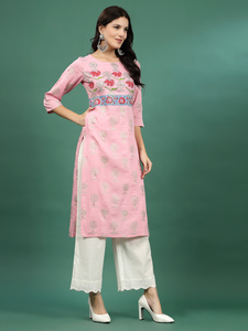 Ropa Tradicional de Mujer con Bordado de Algodón, Manga Larga, Kurtis Elegantes con Corte en A, Pantalones en Contraste, Venta al Por Mayor, Precios de India - Product Image 5