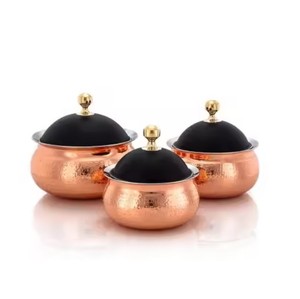Heavy Duty <b>Non</b> <b>Stick</b> Metal Casserole Dish Kitchenware Tabletop Food Warmer Wooden Made <b>Pot</b> With Metal Lid Hammered Design Work - Product Image 4