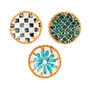 Sous-verre rond artisanal en rotin avec incrustation de nacre, style rustique vintage, isolant, vente en gros - Product Image 2