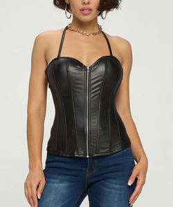 Corsés de cuero PU para mujer, corsé para mujer en piel sintética con cremallera, cierre frontal, corsé deshuesado, Top con encaje trasero ajustable - Product Image 1