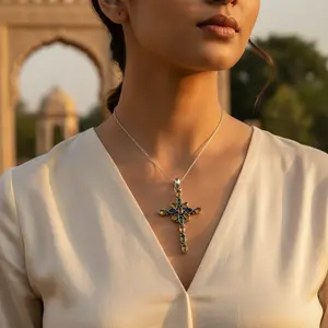 Colgante de Cruz de Plata 925 con Piedras Preciosas, Joyería Hecha a Mano en Oro Rosa y Platino para Mujer, Colgantes con Baño de Rodio, Regalo - Product Image 2