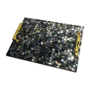 Plateau rectangulaire moderne en nacre avec poignées en métal doré – Élégant plateau de service décoratif multifonctionnel pour la maison - Product Image 1