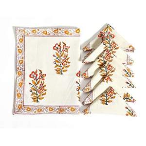 แผ่นรองจานและชุดผ้าเช็ดปากผ้าคอตตอนพิมพ์ลายบล็อกสีส้มอินเดียสำหรับวางตรงกลางโต๊ะรับประทานอาหาร - Product Image 1