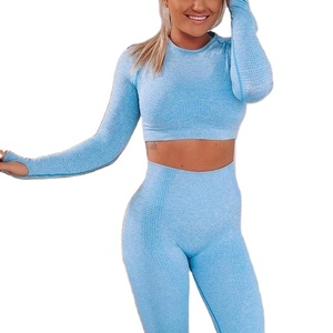 Glace couleur unie serré haut à manches longues avec pantalon sport Fitness Yoga course costume Activewear Gym Fitness porter athlétique nous - Product Image 1